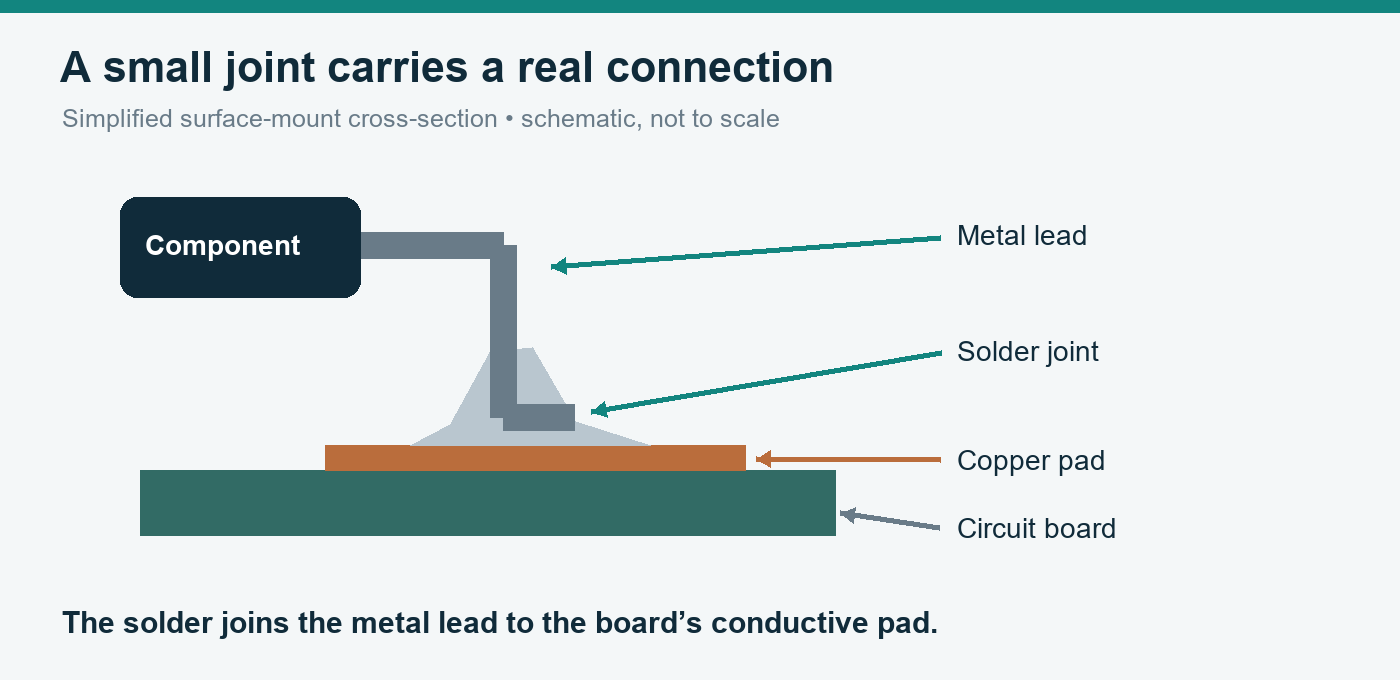 A labeled cross-section shows a component lead, solder fillet, copper pad and circuit board.