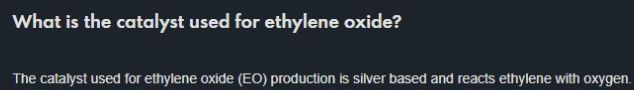 Screenshot of Shell's catalyst FAQ identifying a silver-based catalyst for reacting ethylene with oxygen in ethylene oxide production.
