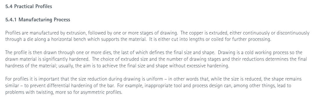 Technical guide describes extrusion and drawing of copper profiles and the effect on size, shape and hardness