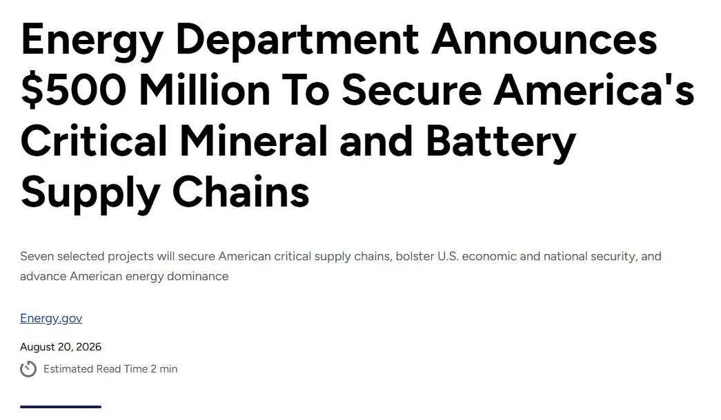 DOE announcement of 500 million dollars across seven selected critical-mineral and battery supply-chain projects