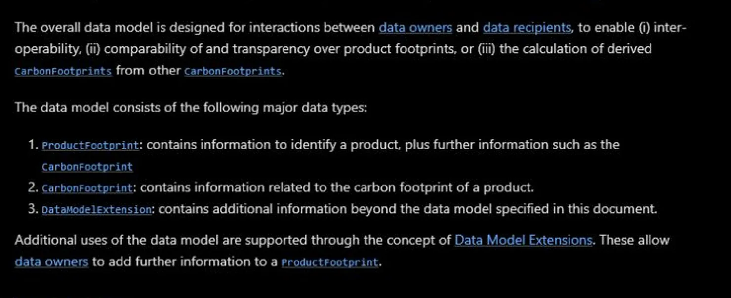 PACT data model showing product-carbon footprint exchange and derived downstream footprints