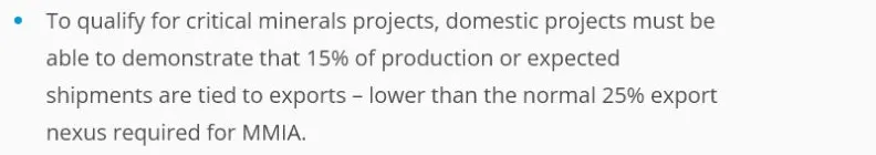 EXIM states a 15% export connection for domestic critical-minerals projects, compared with the normal 25% threshold.