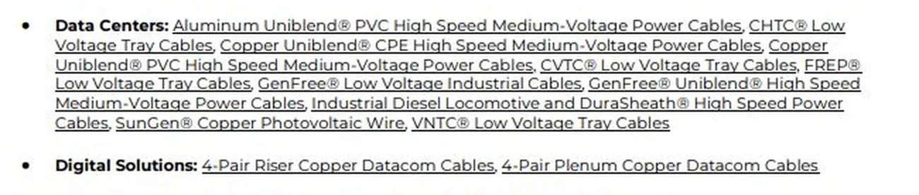 Prysmian EPD release list naming copper cable families for data-center and digital applications