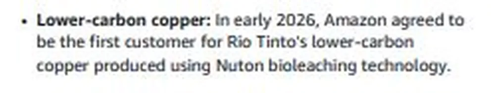 Amazon sustainability report bullet describing its first-customer agreement for Nuton-produced copper