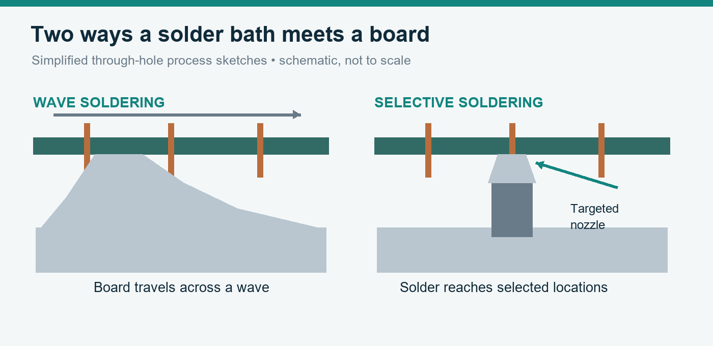 Side-by-side process diagrams show a broad wave and a narrow selective nozzle contacting a board underside.