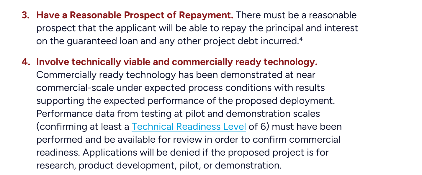 The guidance addresses repayment prospects and technological readiness; these are two of several eligibility criteria.