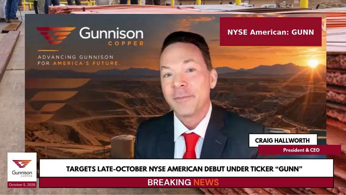 Craig Hallworth in Gunnison’s October 5 video, with a headline targeting a late-October NYSE American debut under GUNN.
