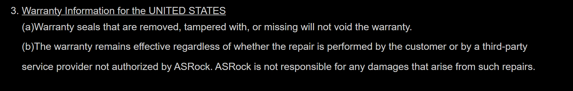 Removed warranty seals or independent repair do not alone void warranty; repair-caused damage remains excluded.