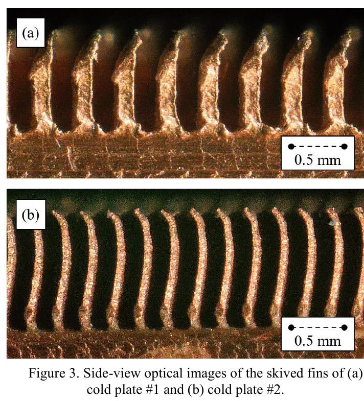 Optical images of two actual skived copper fin profiles with the source scale bars.