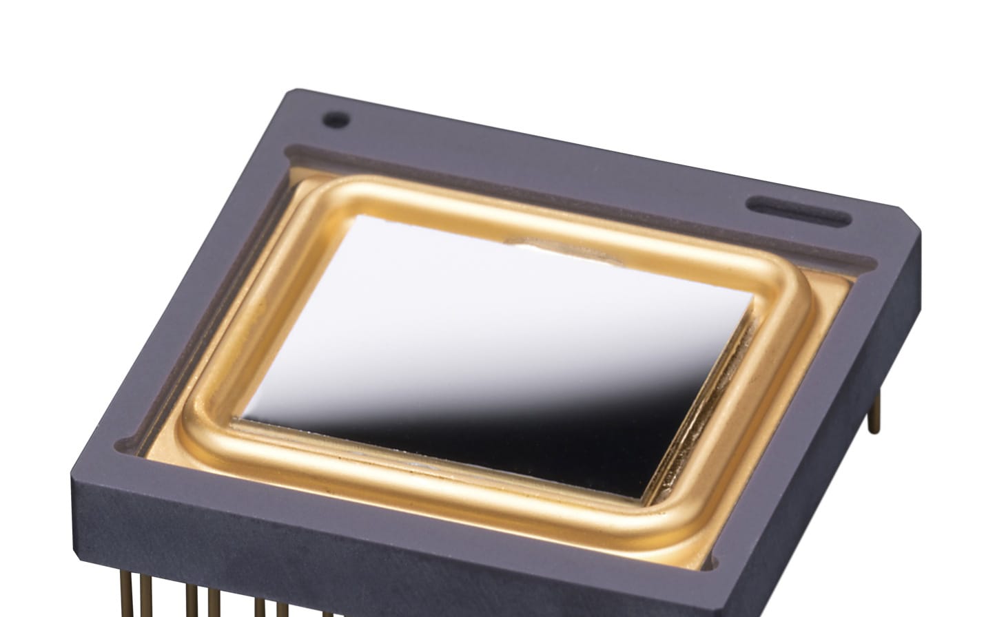 LYNRED infrared sensor package with a reflective window and gold-colored frame, as pictured on the PICO640S product page.