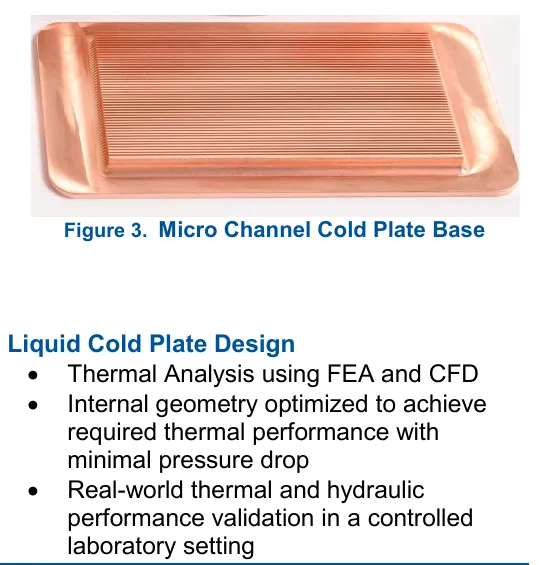 Photograph of a microchannel cold-plate base and the complete manufacturer design-validation panel.