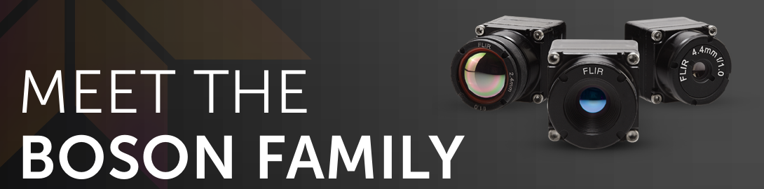 Three FLIR camera-core products beside the brochure heading Meet the Boson Family.