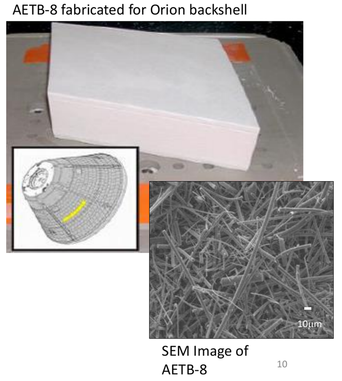 A fabricated AETB-8 ceramic insulation tile for Orion is shown above an electron micrograph of its fibrous structure with a 10-micrometre scale bar.