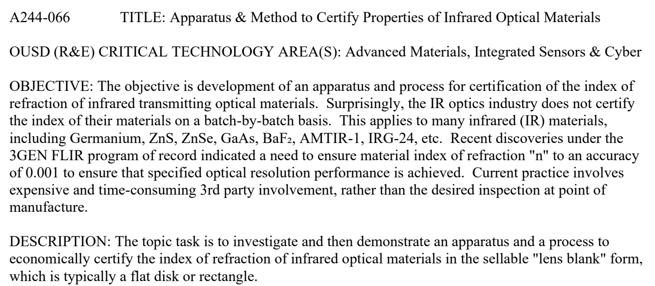 Army A244-066 objective and description naming infrared materials, a 0.001 refractive-index accuracy need and lens-blank certification.