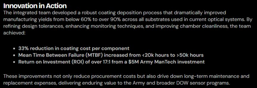 Army ManTech passage and result bullets showing coating yield improvement and a 33 percent coating-cost reduction per component.