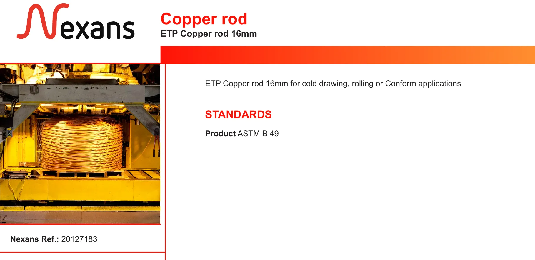 Nexans ETP copper rod product page with rod coil image applications and ASTM B49 standard