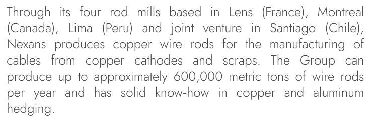 Nexans filing paragraph naming four rod mills and about 600000 metric tons of annual wire rod capacity