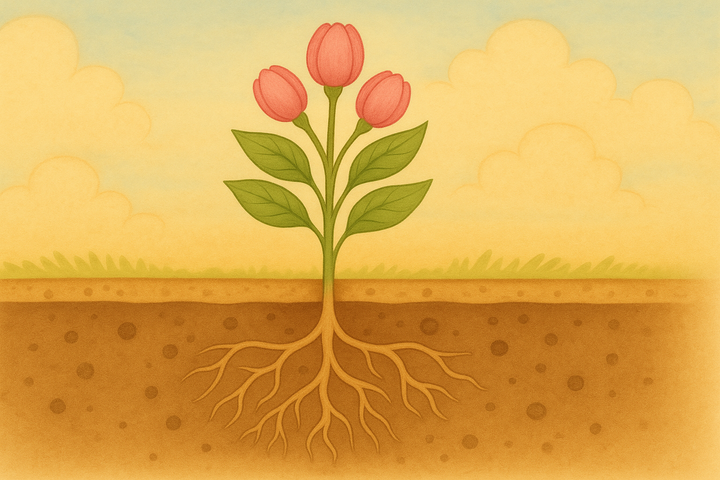 Drawing of a cross section of a plant showing flowers above ground and roots underneath in the soil 