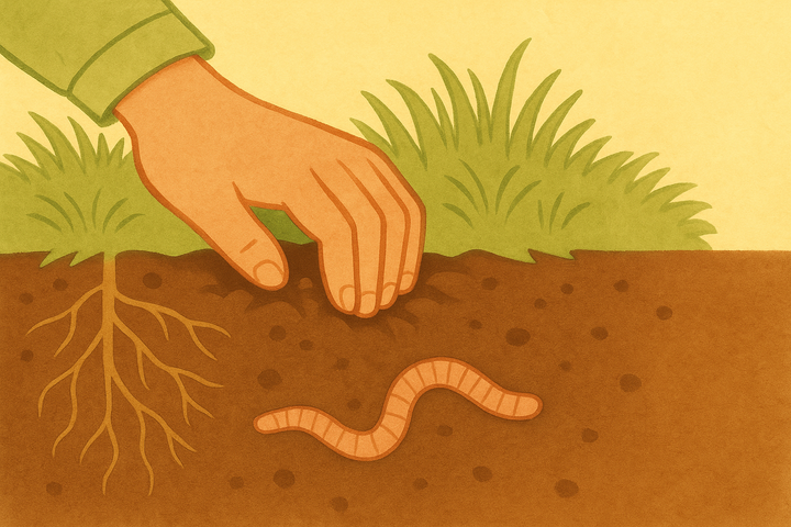 A cartoon image of hand reaching under the grass into the soil with a worm burrowing too
