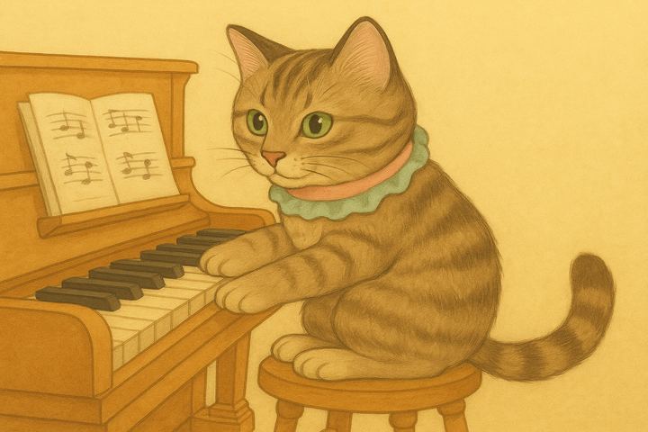 Drawing of a cat sat on wooden stool whilst playing the piano