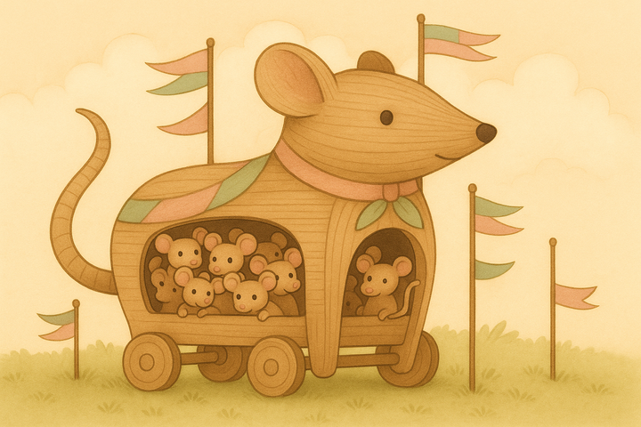 A wooden trojan mouse showing many mice hidden inside