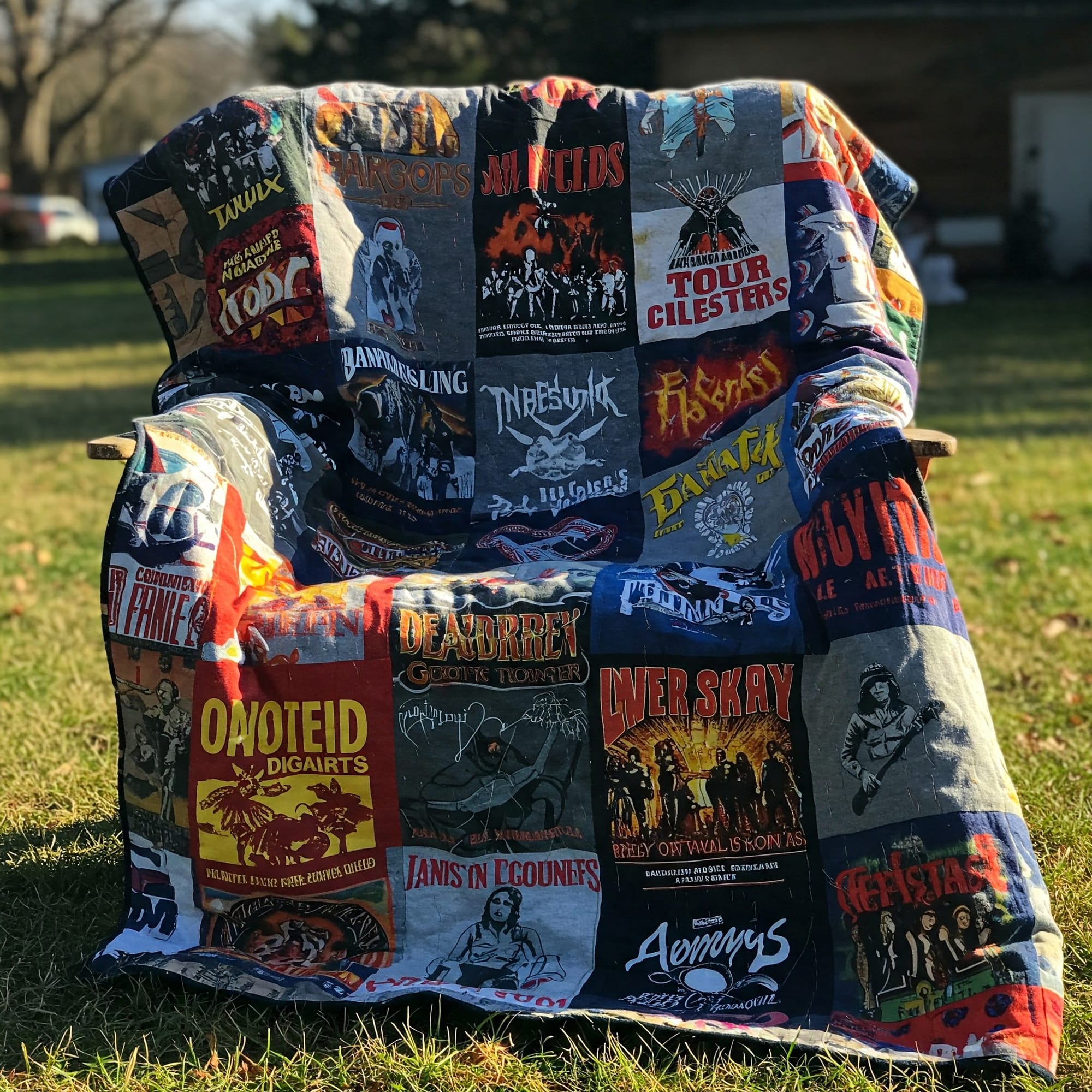 A vibrant quilt crafted from assorted t-shirts, symbolizing personal memories, as discussed in "Transform Your Memories" guide.