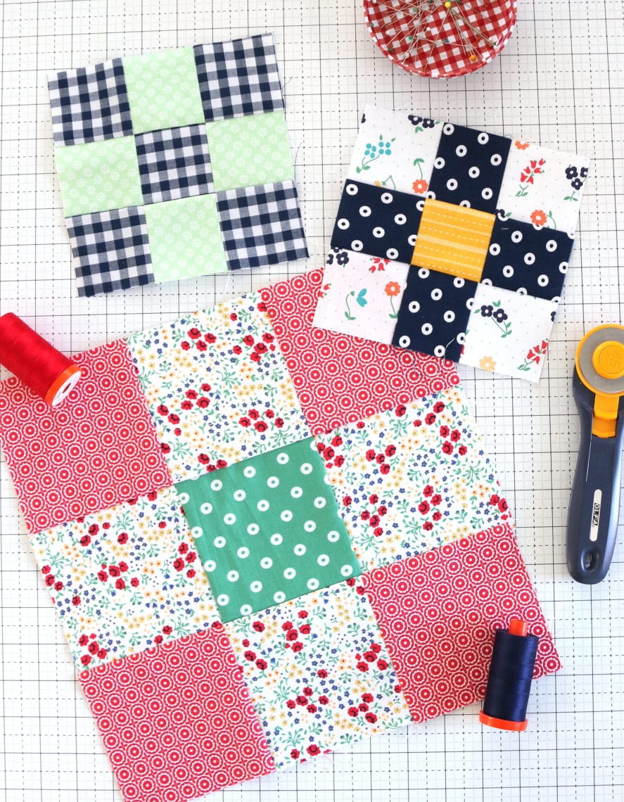 This is an image of 3 different colored 9 patch blocks used by Amy Smart Diary of a quilter.