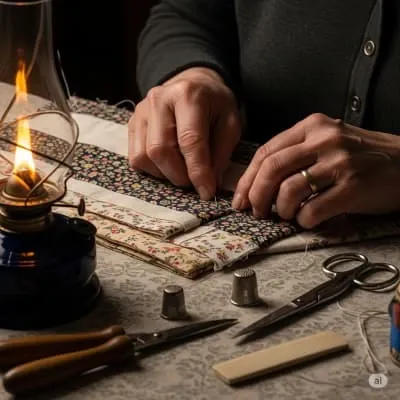 women's hands working by candlelight sewing on fabrics making a brown, white, and cream garment after a long day 