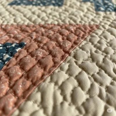 Close-up photo showing detailed quilting stitches on a vintage quilt, with a focus on fabric texture and intricate patterns in muted colors.
