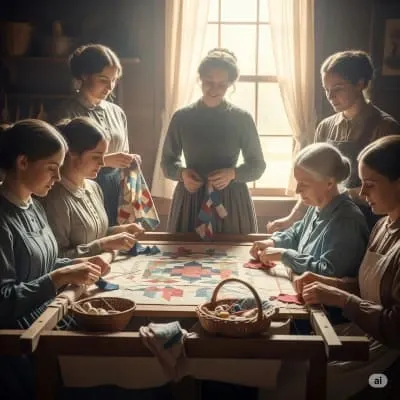 Often referred to as a womens circle of quilters working to complete a quilt fasten to a wooden frame