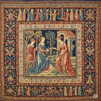 tristan quilt with detailed facial expressions, dramatic gestures, and beautiful colorful garments depicting 14th centruy Sicly