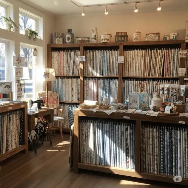 bolts of colorful fabrics on shelfs by colors, with small and large prints each on the same shelf with the appropriate colors. 