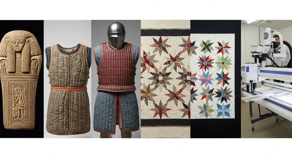 from early egypt to tancient civilizations, to the crusaders, to colonial quilting to modern day quilting to depicting a automated longarm quilting machine.