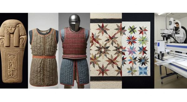 from early egypt to tancient civilizations, to the crusaders, to colonial quilting to modern day quilting to depicting a automated longarm quilting machine.