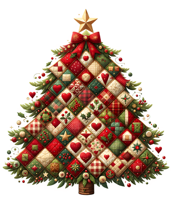 Decorative quilted Christmas tree made of patchwork squares in traditional red, green, and cream holiday fabrics, topped with a gold star and red bow