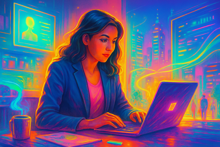 A professional woman in a futuristic, neon-lit office working on her laptop, surrounded by a vibrant city symbolizing thoughtful innovation in the age of AI.