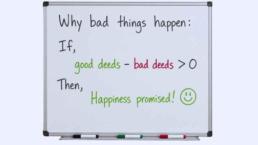 White board with simple equation showing why bad things happen to good people.