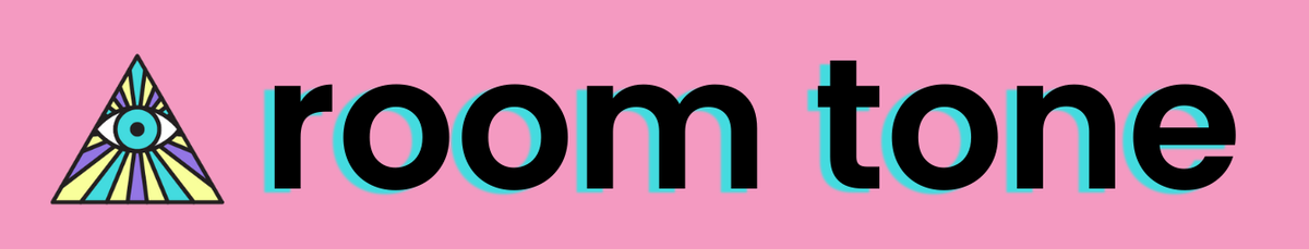 The header for Room Tone over a vibrant pink background, next to a logo of an eye with various, multicolored beams coming out inside a triangle.