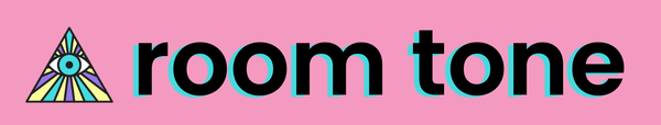 The header for Room Tone over a vibrant pink background, next to a logo of an eye with various, multicolored beams coming out inside a triangle.