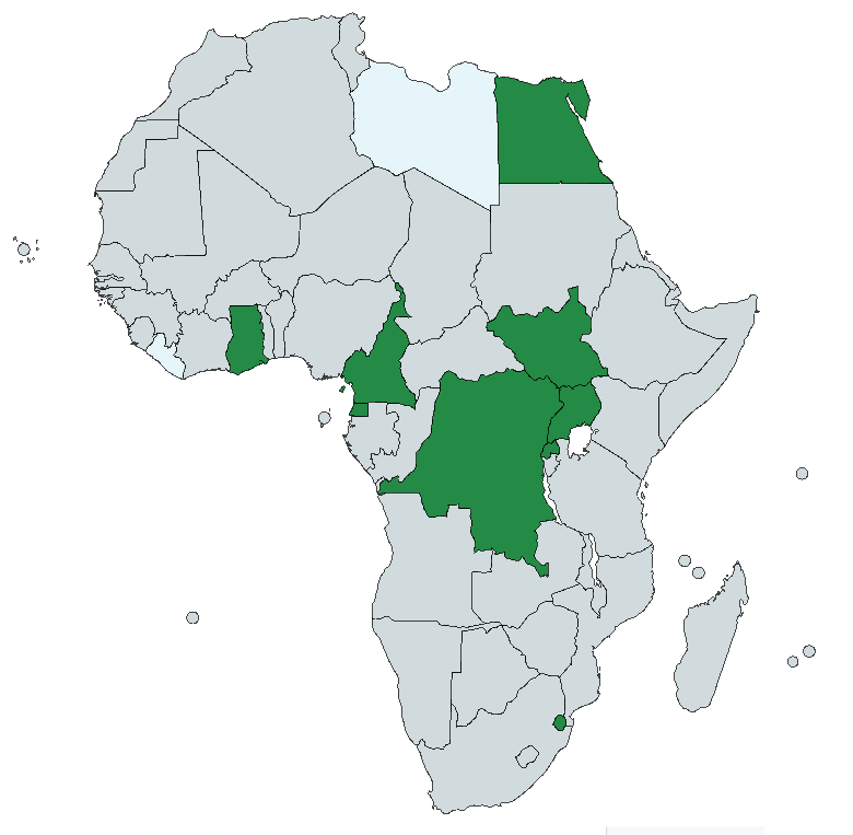 Dark green: Egypt, Ghana, Cameroon, Equatorial Guinea, South Sudan, Uganda, Rwanda, Congo, Eswatini. Light green: Liberia, Libya.