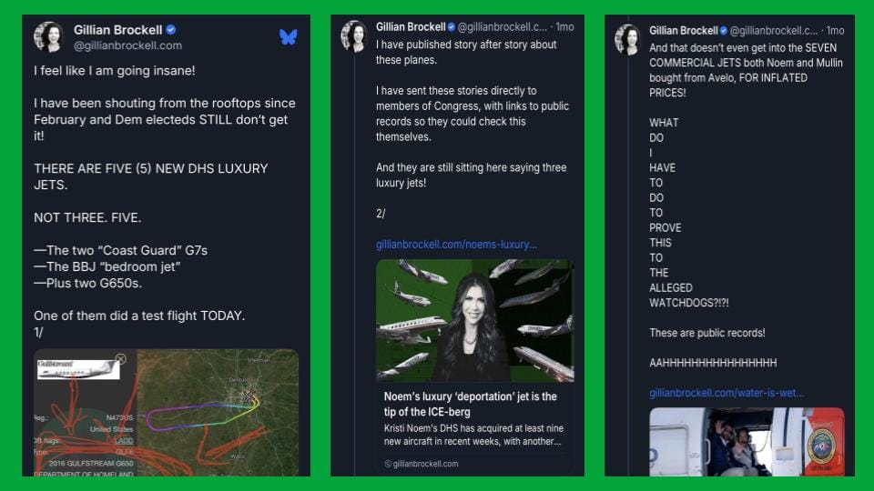 Screenshots of three Bsky posts where I am ranting about members of Congress saying Kristi Noem bought three planes when she bought 10 and Markwayne bought two more. 