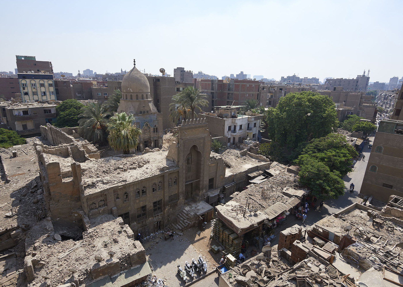 Egypt, Takiyyat Ibrahim: The complex of al-Gulshani, seen from the northeast, showing how modern structures obscure the entrance façade (photo by Matjaz Kacicnik/World Monuments Fund)
