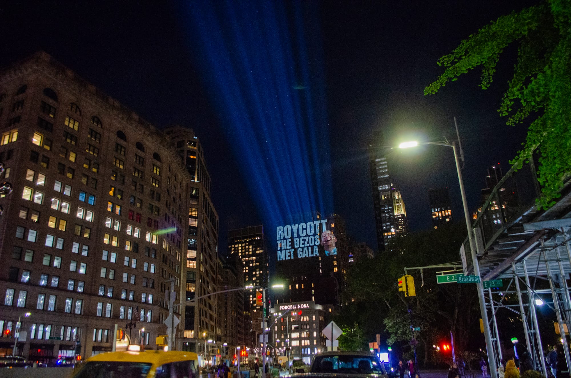 Met Gala Boycott Message Projected on Bezos’s Manhattan Penthouse