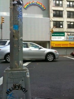 "Hell, No!" stencil obscured by Ronzo sticker in front of the New Museum on the Bowery (photo courtesy the author)