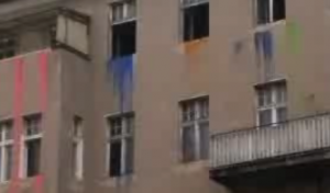 A still from the film depicting an artistic intervention at an abandoned building in Berlin.