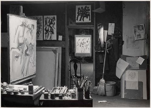 In Tworkov's Fourth Avenue Studio: Studies on the wall are for House of the Sun, on the easel in foreground. In the far room, also on easel, is one of the four versions. Photo: Rudy Burckhardt, via jacktworkov.com (click to enlarge)