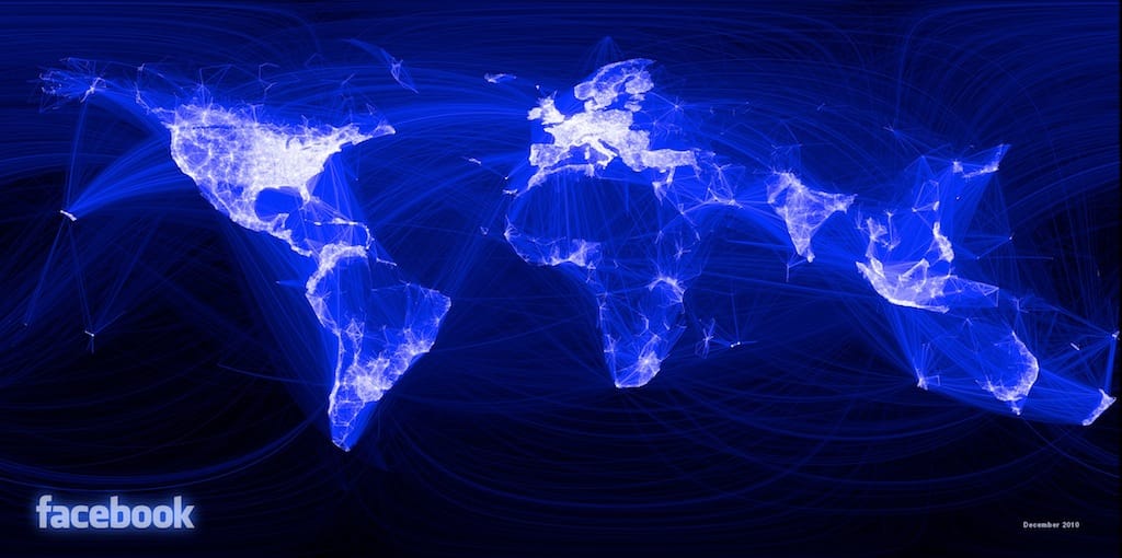 Facebook's famous map of connections, with a huge dark spot in China, where it's blocked by the government.