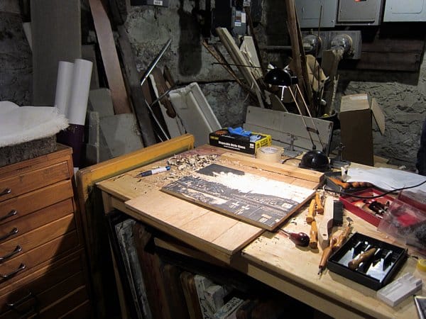 Workstation of Shoestring Press in the Concrete Utopia Project Space, Brooklyn.  Image by Allison Meier. 
