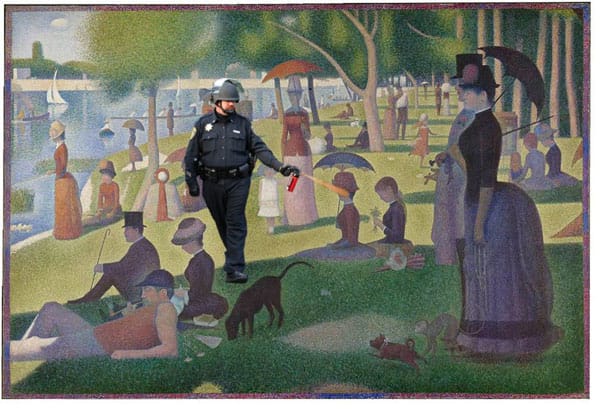 The Casually Pepper Spraying Everything Cop takes a walk through Georges Seurat's "Sunday Afternoon on the Island of La Grand Jatte"