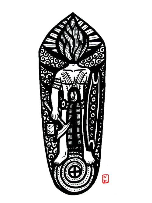 Pinteng, a depiction of a mythical slain warrior with a fiery head.